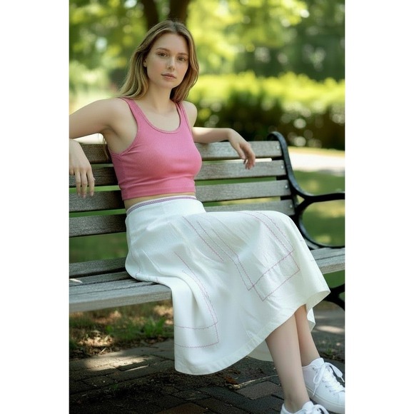 i.e. Dresses & Skirts - i.e. Midi Skirt Womens 12 White Pink Embroidered Cotton Excellent A-Line Boho